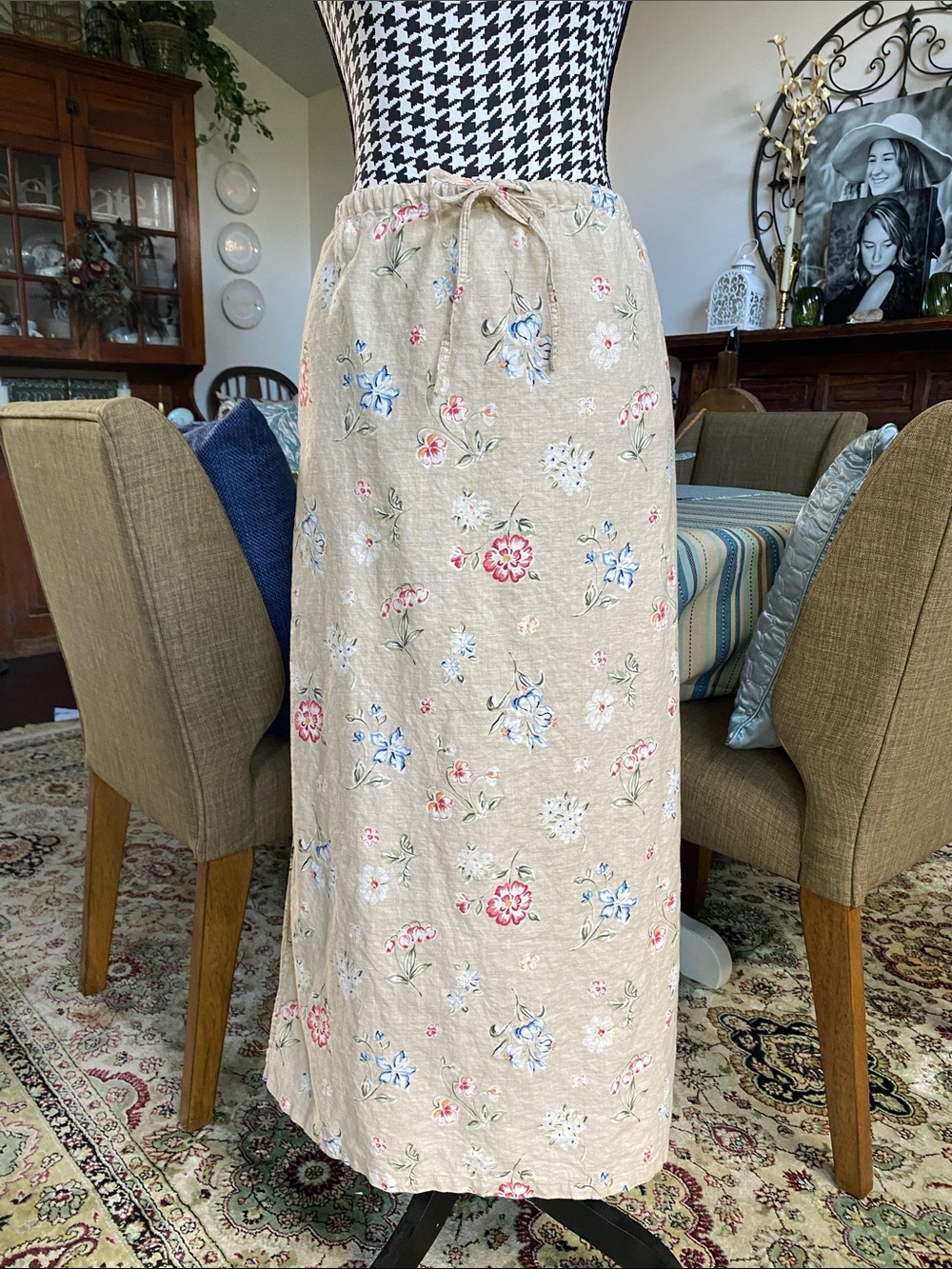 White Stag Linen Blend Floral Maxi Skirt w/Drawstring Waist Size L (12-14)
